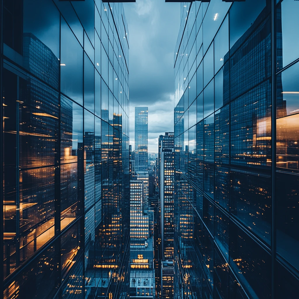 Modern cityscape showing business district at dusk