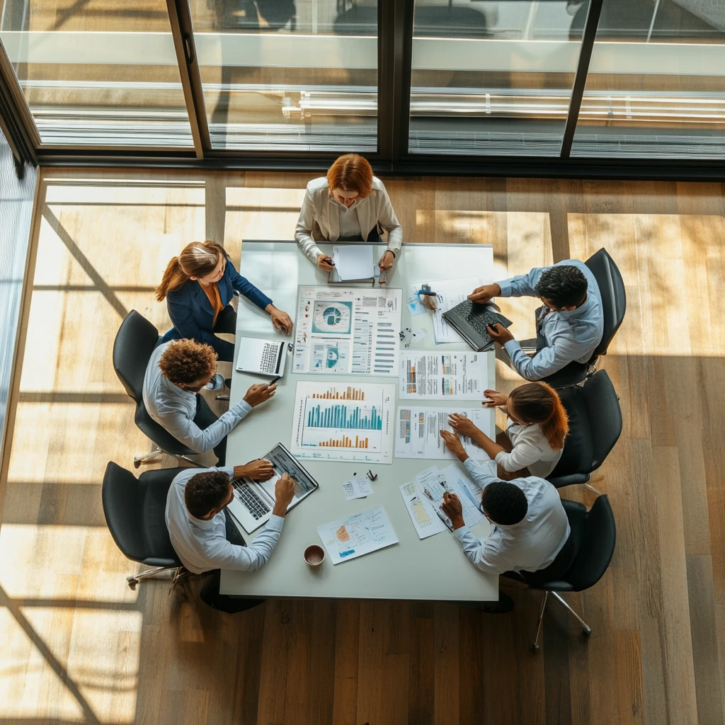 Team analyzing business continuity data in modern conference room